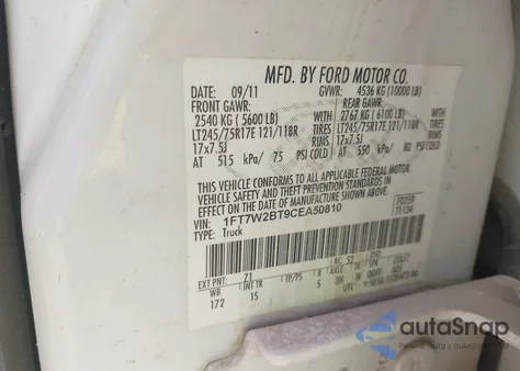 2012 Ford F-250 Xl from USA, damaged, VIN 1FT7W2BT9CEA50810